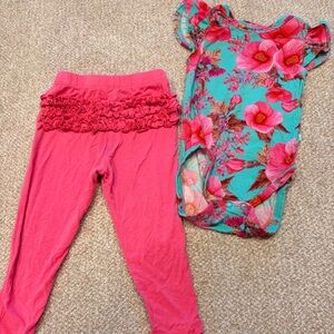 Posh Peanut Floral pink & team Bodysuit with Pink ruffle bottom leggings